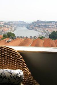 波尔图Historical Porto/Gaia Apartment的椅子坐在窗户前,享有美景