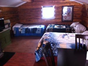 Tetsa RiverTetsa River Lodge的小木屋内带两张床的房间