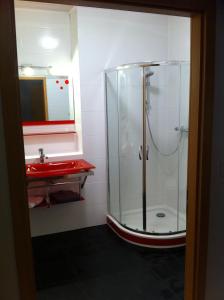 GroßbrembachPension und Gästehaus Paffrath的带淋浴和红色盥洗盆的浴室