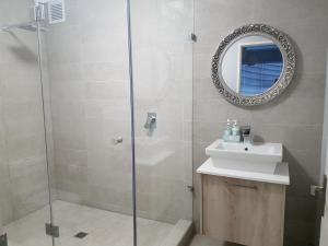 开普敦WATERS EDGE 103的带淋浴、盥洗盆和镜子的浴室