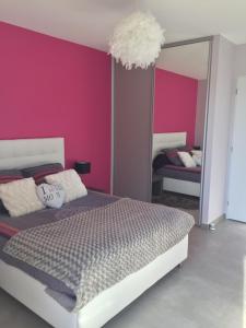 马孔La chambre rose的一间卧室设有粉红色的墙壁、一张床和镜子