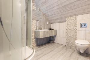 沃乌科维亚Brzozowe Wzgórze的浴室配有卫生间、盥洗盆和淋浴。