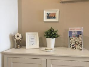 卢布尔雅那Julija & Filip Apartments的一张桌子上放着两张照片,上面放着一株植物