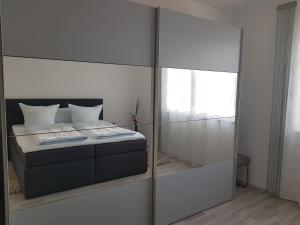 卡塞尔Moderne Neubau Ferienwohnung的一间卧室配有一张带镜子墙壁的床