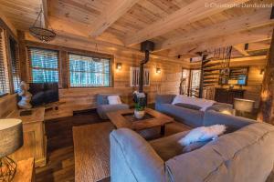 拉马巴耶Chalet TAO par Les Chalets Spa Canada的小屋内的客厅配有沙发和电视