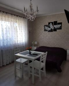 格鲁德柴兹Pokoje Adriano的客厅配有白色桌子和沙发