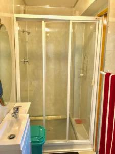 基督城Cosy studio apartment的带淋浴、水槽和淋浴的浴室