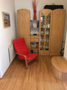 施泰纳赫布伦纳Ferienwohnung "Die 14"的书架房间里一张红色的椅子