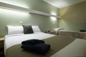 天鹅山先锋站汽车旅馆的卧室配有一张带毯子的大型白色床
