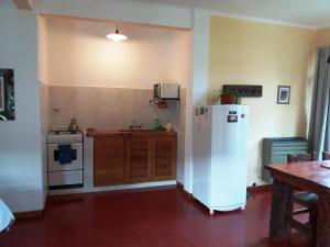 普埃洛湖El Portal del Lago的厨房配有白色冰箱和炉灶。