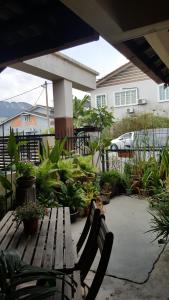 吉隆坡Preece's B & B的木凳坐在种有植物的庭院