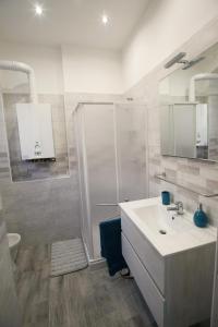 巴列塔b&b Tosches的带淋浴和盥洗盆的白色浴室