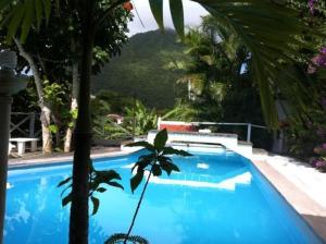 温沃德赛德埃尔莫末小屋旅馆的一个大蓝色游泳池,背景是一座山