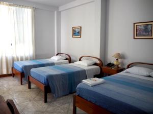 马尔多纳多港Hotel Peru Amazonico的酒店客房设有三张床和窗户。
