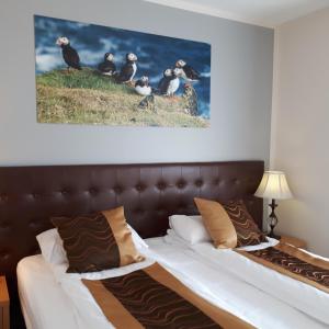 凯夫拉维克Hotel Jazz - By Keflavik Airport - Reykjavik - Iceland的一间卧室,床上有鸟儿坐在床上