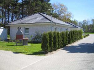 卡尔斯哈根Haus Seeschwalbe的白色的房子,旁边是一排灌木丛