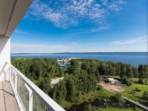 彼得罗扎沃茨克卡列里亚Spa酒店的从房子的阳台上可欣赏到水景