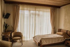 Plinkšės维拉杜吉里斯度假酒店的一间卧室设有一张床和一个大窗户