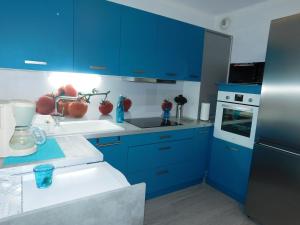 卢尔德Le petit nid的蓝色的厨房,配有蓝色的橱柜和水槽