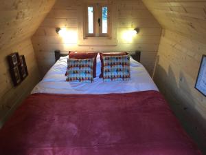 圣阿尔班Cabane Aligoté的小木屋内的一张床位,配有红色床单和枕头