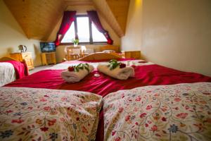 Białka Tatrzanska河畔别墅旅馆的一间卧室设有两张带红色床单的床和窗户。