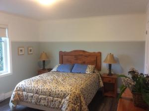 圣多纳特蒙卡尔姆Condo Lac Archambault 298的一间卧室配有一张带蓝色枕头的床。