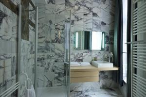 布鲁塞尔复古酒店的一间带玻璃淋浴和水槽的浴室