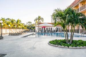 博尼塔斯普林斯Baymont by Wyndham Bonita Springs的一个带游泳池、棕榈树和椅子的度假酒店