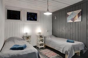 ĶegumsLodge "Ezīša Midziņa"的一间卧室设有两张床和两个窗户。
