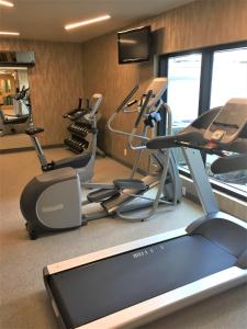 温哥华蓝色地平线酒店的一间健身房,里面设有跑步机和椭圆机