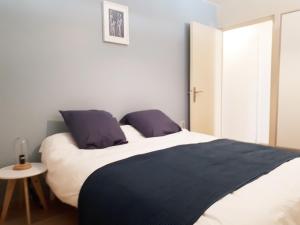 里尔Appartement 60m2 / Hyper Centre (Gares et Vieux Lille)的卧室配有一张带紫色枕头的大型白色床。