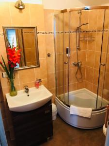 什切青Willa Sorrento的带淋浴、盥洗盆和浴缸的浴室