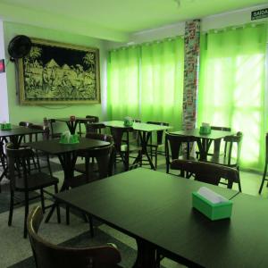 马蒂尼奥斯Pousada Girassol的一间拥有绿色墙壁和桌椅的用餐室