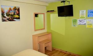 基多Hostal Terra 4 - EL LABRADOR的一间设有绿色墙壁、一张床和镜子的客房