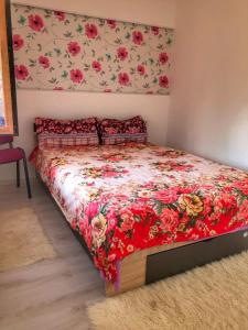 锡比乌Casa Simion的一间卧室配有一张带红色花卉床罩的床。