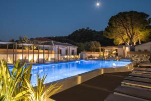卡罗维西Samian Mare Hotel, Suites & Spa的夜间大型游泳池,灯光照亮