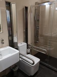 La Pereda de Llanes拉昆塔伊森西亚酒店的带淋浴、卫生间和盥洗盆的浴室