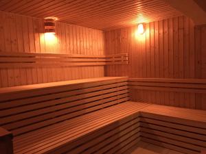 爱尔福特Pension Neuerbe的一间设有两个长椅和灯光的桑拿浴室