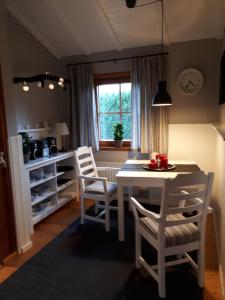 奥尔登堡Blockhausperle im Grunen的厨房配有桌椅和窗户。