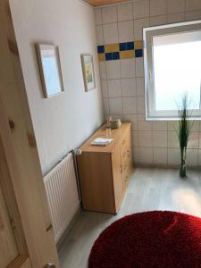 卡塞尔Apartment 003 Kassel Harleshausen的一间铺有红色地毯的小浴室和窗户