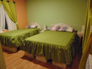 乌尤尼Eucalyptus Uyuni的一间卧室配有两张带绿床单的床