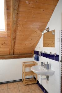 MalšiceBlažkův Statek的一间带水槽和木制天花板的浴室