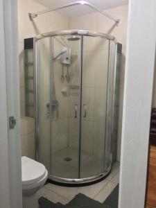 碧瑶Condotel的一间带卫生间的浴室内的玻璃淋浴间