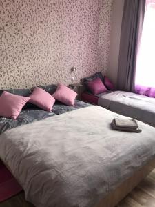 里加Apartment "Flowers"的配有粉红色枕头的客房内的两张床