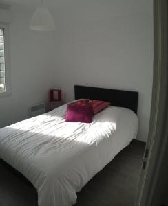 格兰德拉维尔斯Les Portes de la baie的卧室配有白色的床和红色枕头