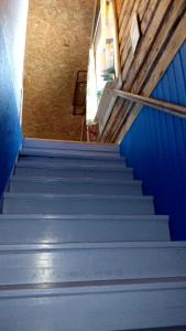 LungsjönVilla Moni的拥有蓝色墙壁和蓝色天花板的房屋内的楼梯