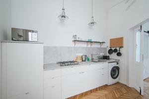 布达佩斯利兹玛丽之仙境公寓的白色的厨房配有炉灶和水槽