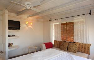 圣米格尔-德阿连德圣多明哥套房公寓式酒店的一间卧室配有一张床和吊扇
