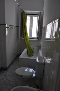 埃武拉A Casa do Mestre的浴室设有卫生间和绿色淋浴帘。