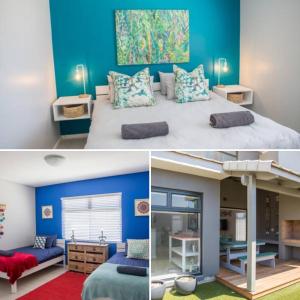 斯瓦科普蒙德Turmalin Cottage Unit 1的一间拥有蓝色墙壁的卧室和一张位于客房内的床